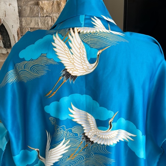 Vintage Marukyo Tokyo turquoise blue w cranes kimono robe - Picture 9 of 16